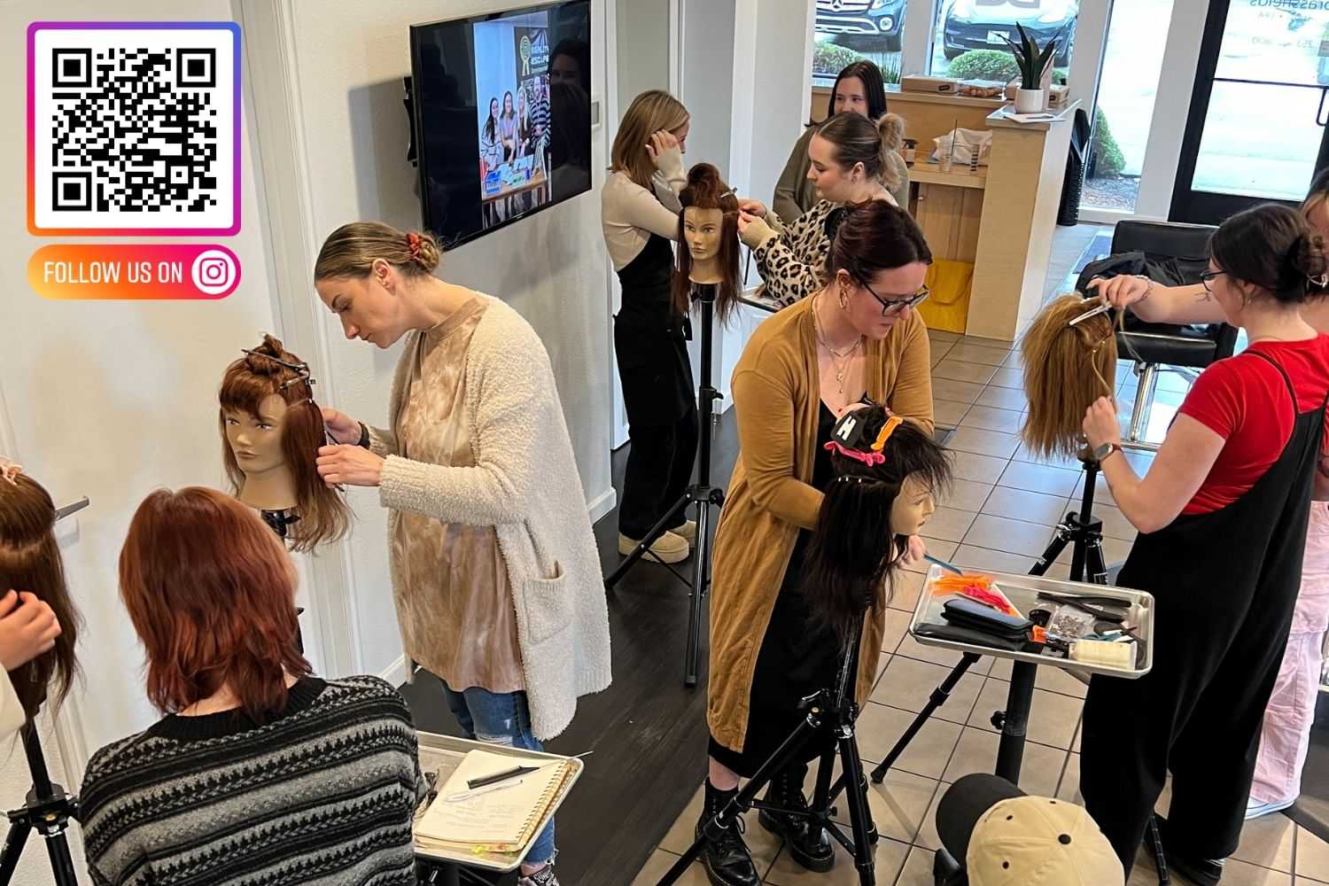 Hairdressing students practice on mannequins in a salon, with a QR code promoting Instagram.